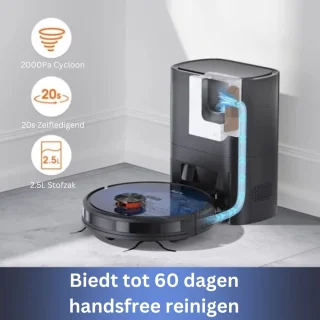 Robotstofzuiger - Laadstation - Leegt automatisch - 3000Pa - Appbediening - Stembediening - Vacuümzuiger - 150 minuten - Dweilen - LDS - Navigatiesysteem - 2.5 liter - 60 dagen niet legen - 10 mappen -