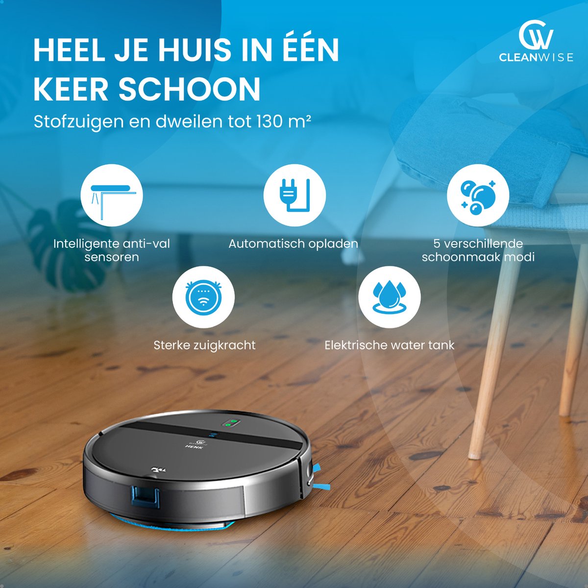 CleanWise Henk Robotstofzuiger met Dweilfunctie en 4 Zijborstels
