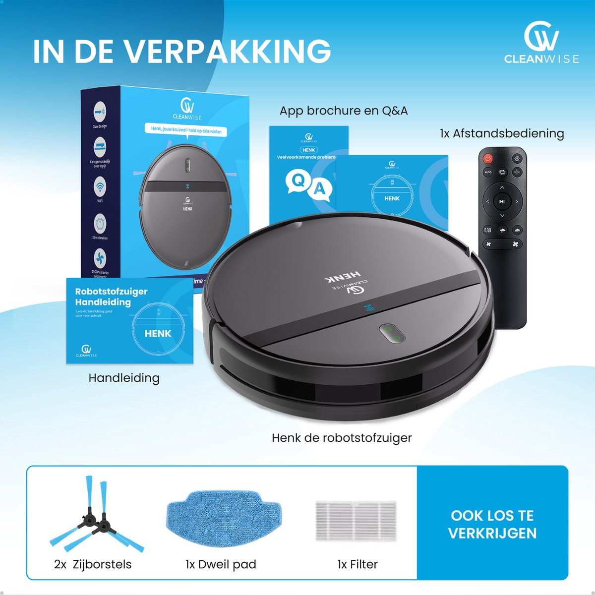 CleanWise Henk Robotstofzuiger met Dweilfunctie en 4 Zijborstels