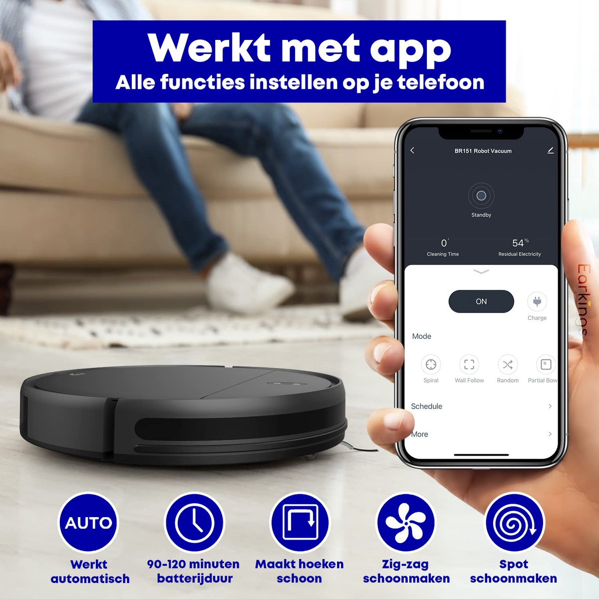 Earkings Robotstofzuiger met Dweilfunctie Zwart