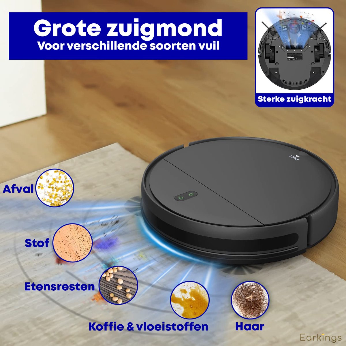 Earkings Robotstofzuiger met Dweilfunctie Zwart