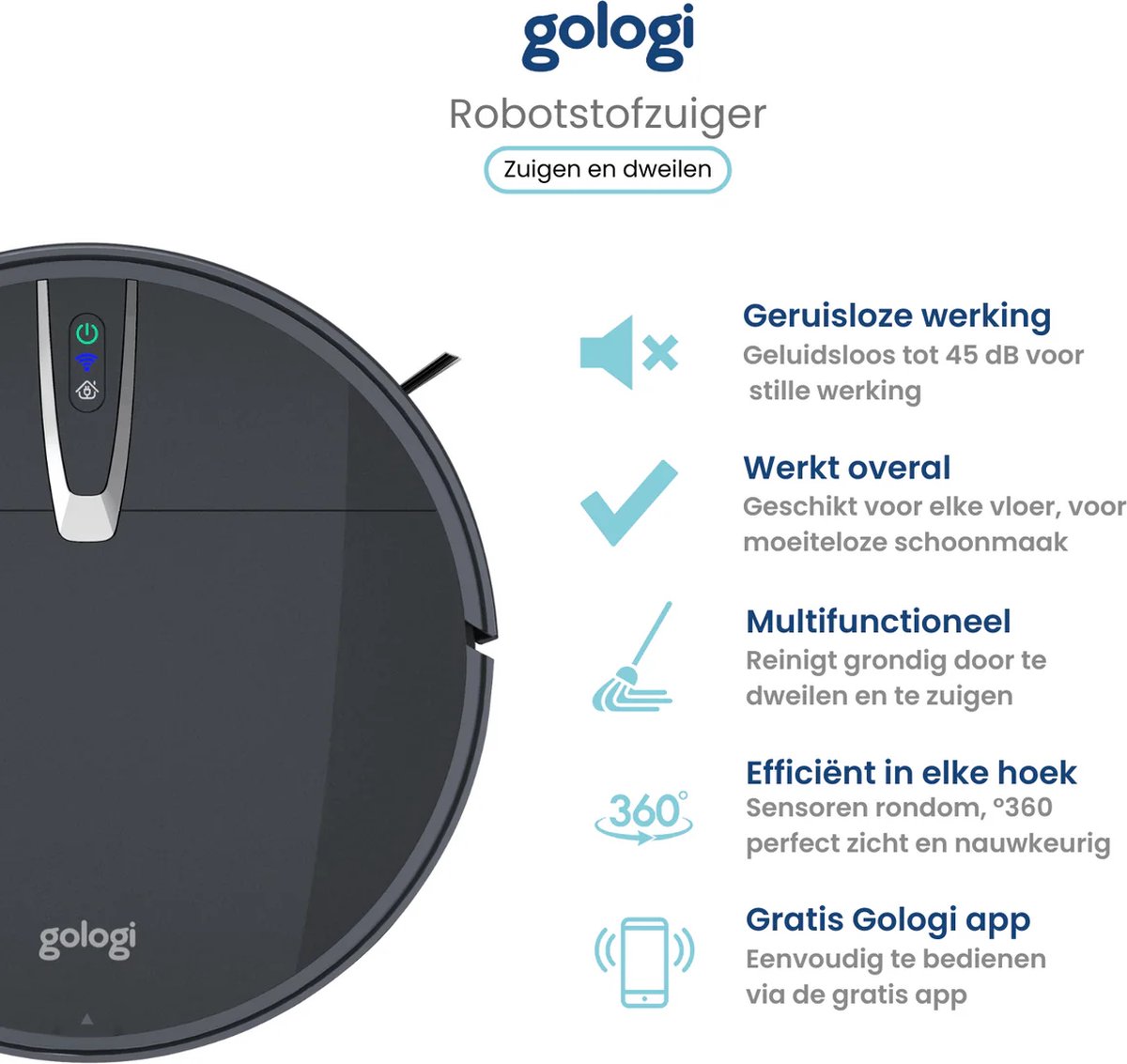 Gologi Robotstofzuiger met Dweilfunctie Zwart