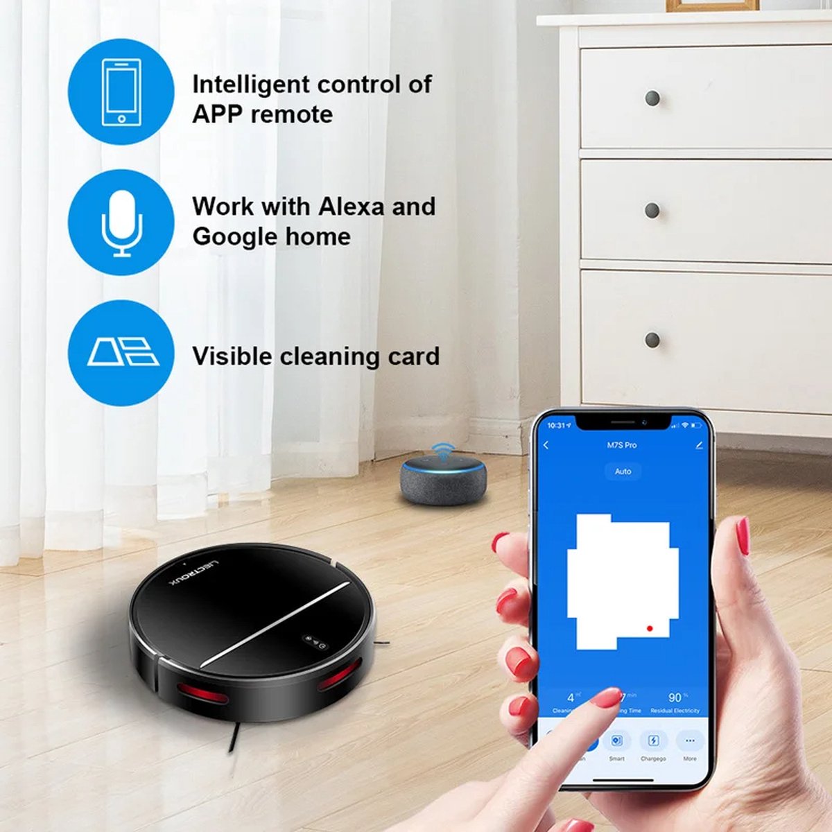Robotstofzuiger 4000Pa met dweilfunctie - Slimme navigatie - Compatible met Alexa & Google Home