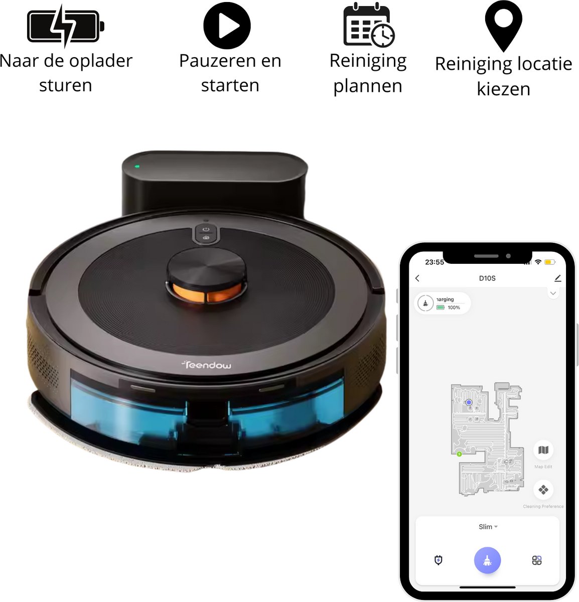 Robotstofzuiger App met Dweilfunctie en Oplaadstation