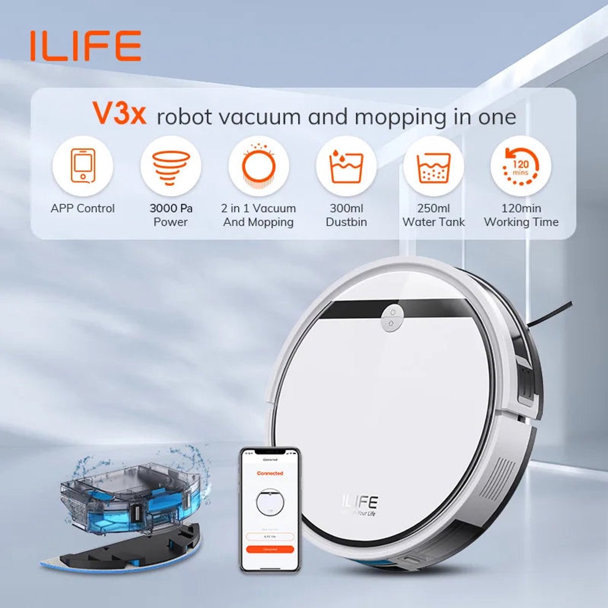 Robotstofzuiger met dweilsysteem 3000Pa WiFi Alexa Google