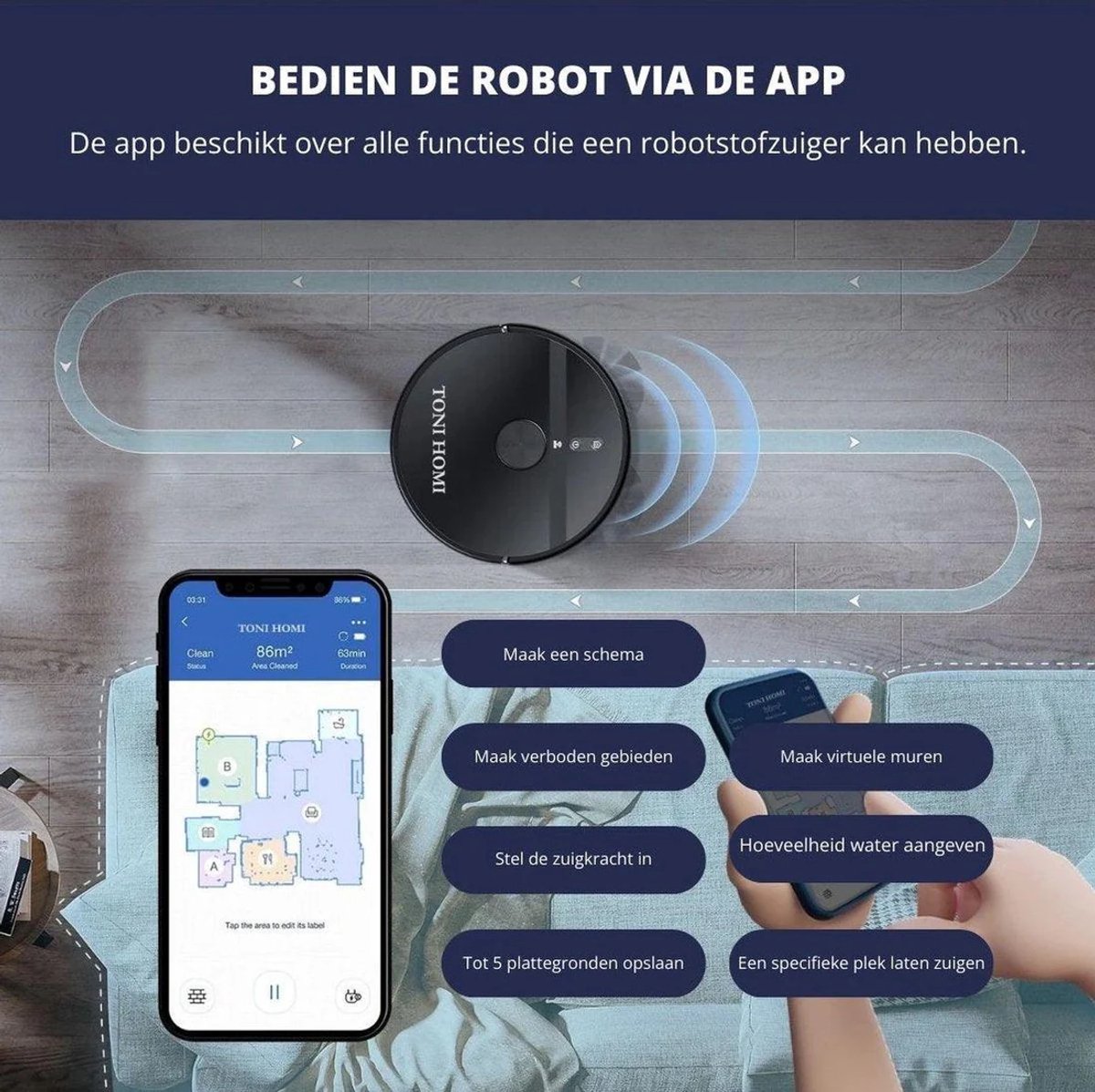 TONIHOMI Q8 Robotstofzuiger zwart