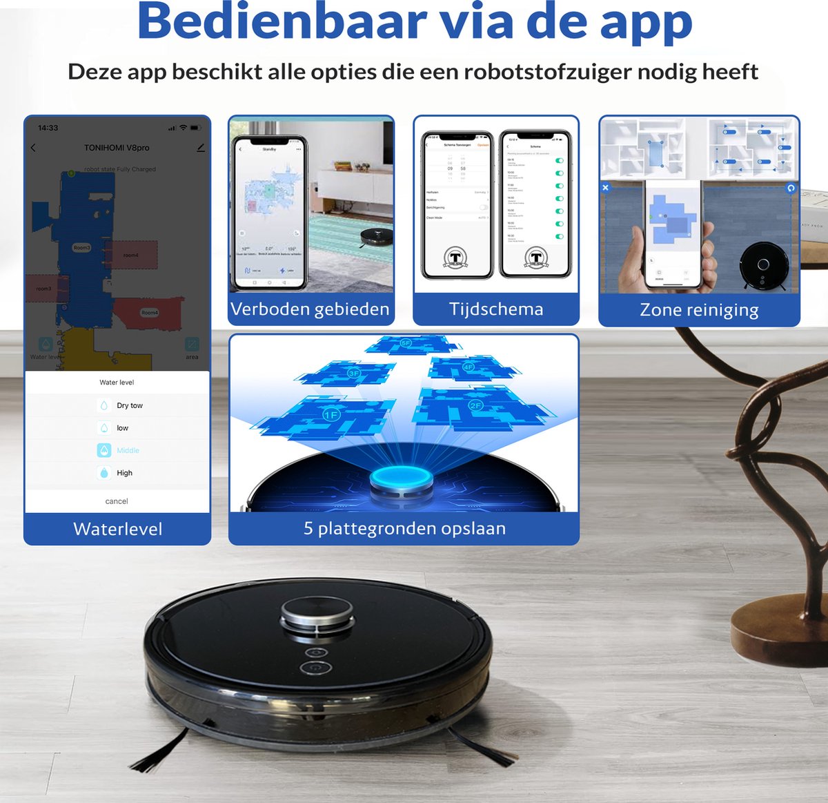 TONIHOMI V8pro Robotstofzuiger met Dweilfunctie Zwart