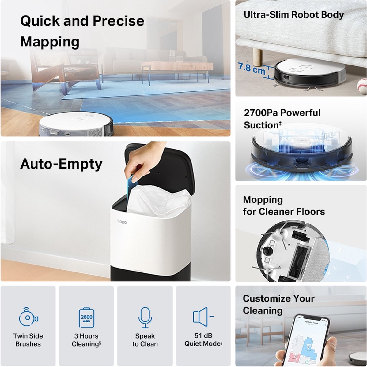 TP-Link Tapo RV20 Mop Plus Robotstofzuiger met Dweil en Automatisch Leegstation