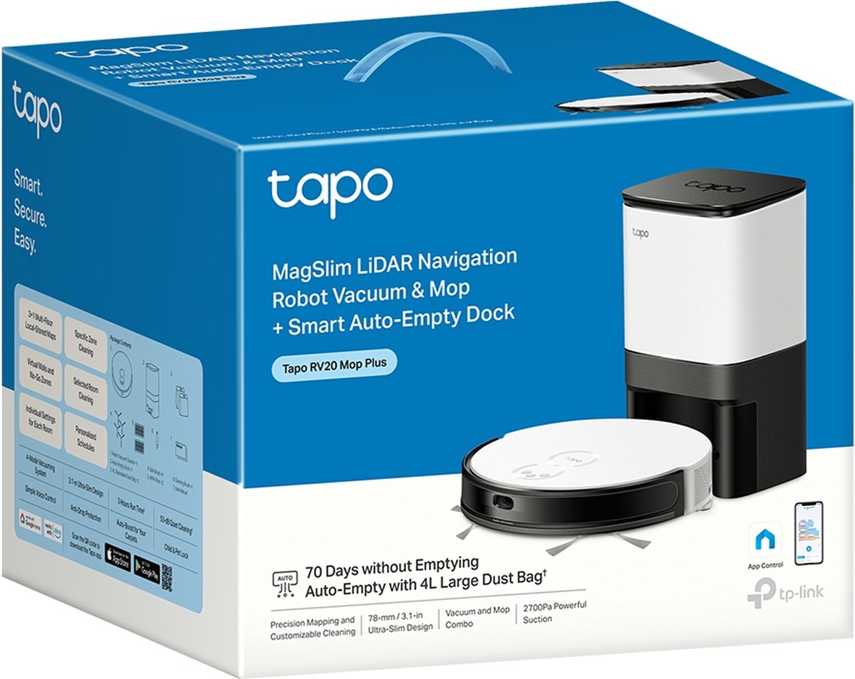 TP-Link Tapo RV20 Mop Plus Robotstofzuiger met Dweil en Automatisch Leegstation