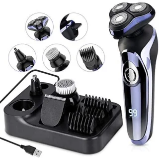 Scheerapparaat - Elektrisch 5-in-1 Scheerapparaat voor Mannen - Roterend Nat en Droog Scheren met Pop-up Baardtrimmer, Gezichtsschoner, Neustrimmer, 99 Minuten Looptijd, LED Display, IPX7 Waterdicht, USB Opladen, Reisslot