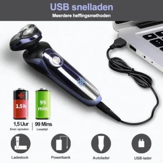 Scheerapparaat - Elektrisch 5-in-1 Scheerapparaat voor Mannen - Roterend Nat en Droog Scheren met Pop-up Baardtrimmer, Gezichtsschoner, Neustrimmer, 99 Minuten Looptijd, LED Display, IPX7 Waterdicht, USB Opladen, Reisslot