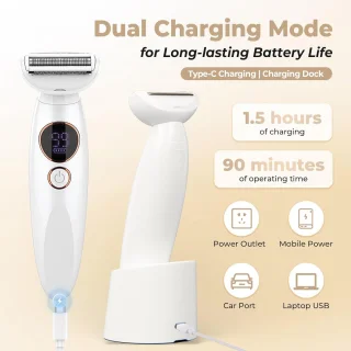 5-in-1 intieme trimmer voor dames met USB-oplaadstation, elektrisch scheerapparaat voor gezicht, armen, benen, oksels en bikinilijn, waterdicht elektrisch scheerapparaat voor dames