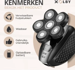 Xolby® 5 in-1 Multifunctionele 6D Scheerapparaat, Mannen + Extra Scheerkop - Gezicht en Hoofd Trimmer - Skull Shaver - Nat & Droog Shaver - Face en Head Shaver – Hoofd Kaal