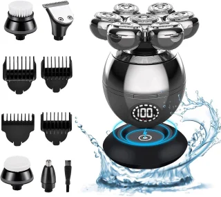 Ynkkvre - Elektrisch Scheerapparaat voor Kale Hoofd en Baard - 5-in-1 Waterdicht IPX7 met 7 Roterende Koppen - Batterij Display & Type-C Oplaadkabel - Trimmer voor Neus, Oren, Gezicht & Lichaam