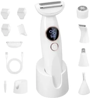 5-in-1 Elektrisch Scheerapparaat voor Vrouwen - Waterdicht IPX7 - USB Oplaadbaar - Complete Scheerset met Verwisselbare Koppen voor Gezicht, Wenkbrauwen, Lichaam en Bikinizone - Wit