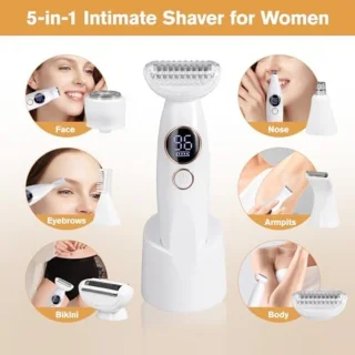 5-in-1 Elektrisch Scheerapparaat voor Vrouwen - Waterdicht IPX7 - USB Oplaadbaar - Complete Scheerset met Verwisselbare Koppen voor Gezicht, Wenkbrauwen, Lichaam en Bikinizone - Wit