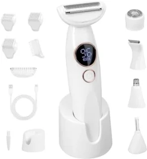 5-in-1 Elektrisch Scheerapparaat voor Vrouwen - Waterdicht IPX7 - USB Oplaadbaar - Complete Scheerset met Verwisselbare Koppen voor Gezicht, Wenkbrauwen, Lichaam en Bikinizone - Wit