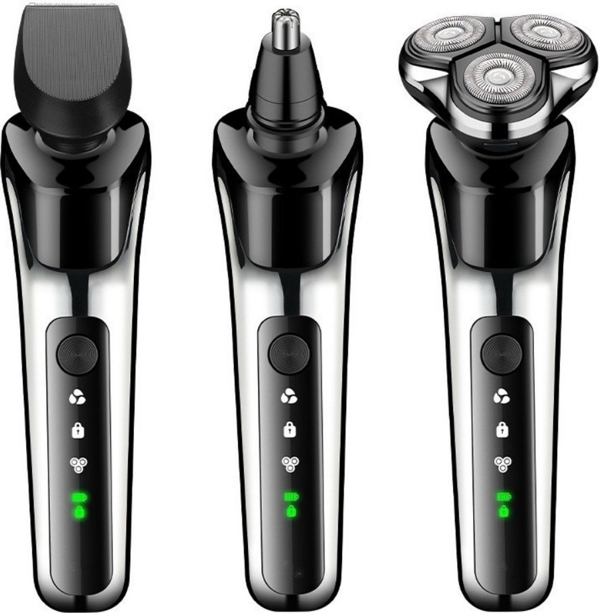 De 3in1 USB Oplaadbaar Scheerapparaat met Baard- en Neustrimmer Zilver Chrome in één oogopslag