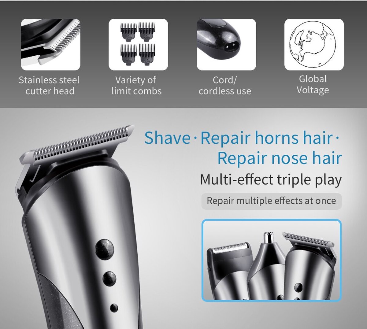 Kemei 3in1 USB Oplaadbare Trimmer Set Zilver/Zwart