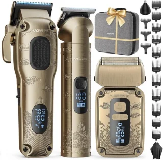 Trimmer voor mannen - goud - elektrische grooming kit met 14 geleidekammetjes en folie scheerapparaat - draadloos