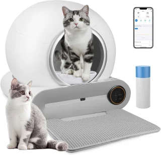TaFoyu zelfreinigende kattenbak, automatische kattenbak, slimme kattenbak met app-bediening, ionische geurverdrijver/gezondheidsmonitor/65L+9L, met mat, bijgewerkt