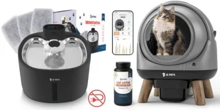 JC Pets Automatische Kattenbak XXL 65L met RVS Draadloze Drinkfontein incl. 3 Filters – Zelfreinigende Slimme & Stille Kattenbak met App – Uitloopmat & Geurverdrijver – Veiligheidssensoren – 8L Afvalbak – Geschikt voor Meerdere Katten – Modern Design