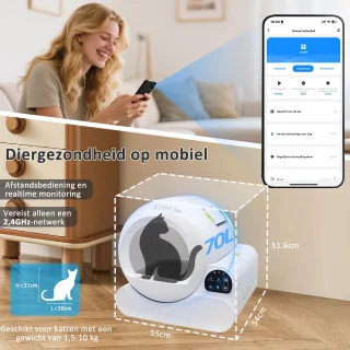 Automatische Kattenbak - Zelfreinigend – Electrische Kattenbak - Bedienen via App - 70L - incl stekkeradapter en 3 rollen opvangzakjes - Slimme Waarschuwing - Gezondheidsbewaking - Aromatherapie Ontgeurder - Excl. Kattenbakmat