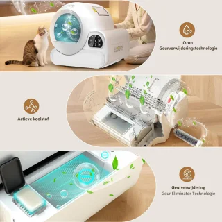 Automatische Kattenbak - Zelfreinigend – Electrische Kattenbak - Bedienen via App - 70L - incl stekkeradapter en 3 rollen opvangzakjes - Slimme Waarschuwing - Gezondheidsbewaking - Aromatherapie Ontgeurder - Excl. Kattenbakmat