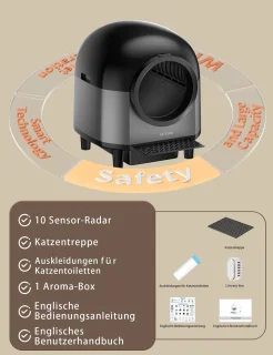 Automatische kattenbak, zelfreinigend, slimme kattenbak met 10 veiligheidssensorradars, 100L elektrische kattenbak met trap voor meerdere katten, APP-bediening (zwart)