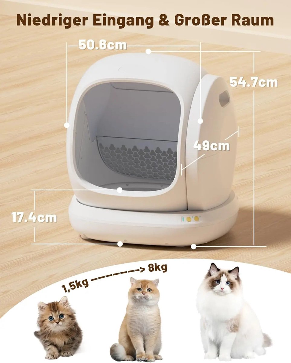 Wat vinden we goed aan de Automatische Kattenbak XXL Wit - App Bedienbaar - Lage Instap
