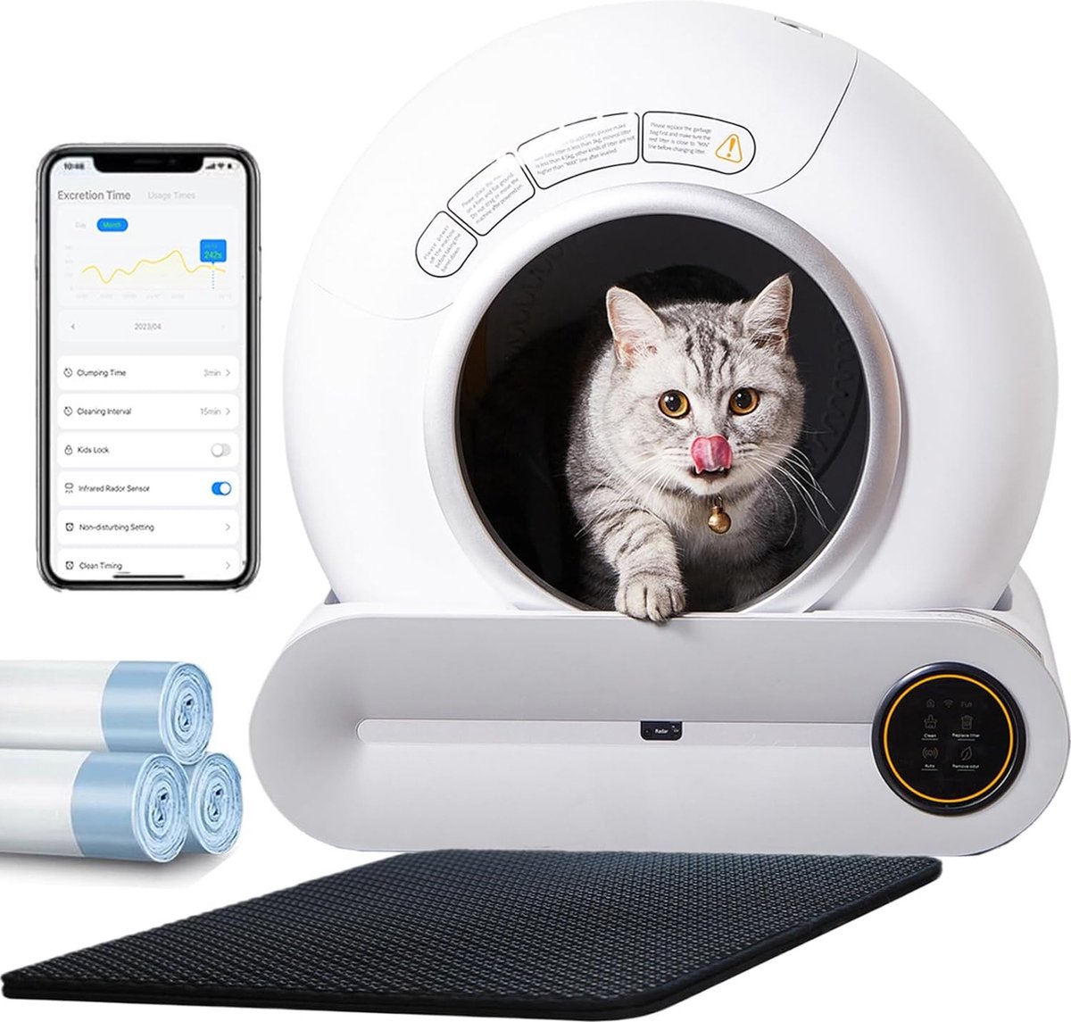 De Zelfreinigende Kattenbak App-bediening inclusief Vuilniszakken en Mat in één oogopslag