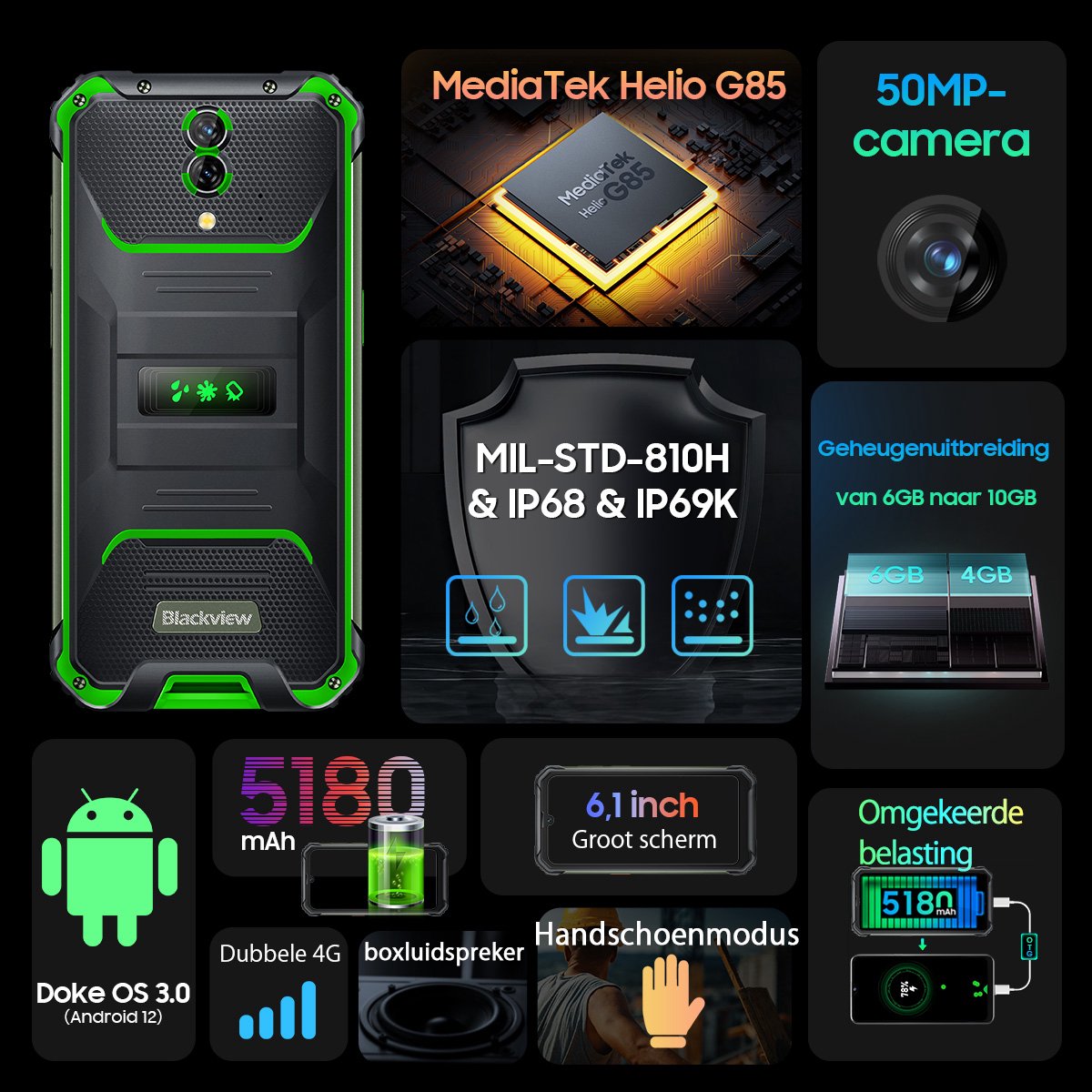 Blackview BV7200 Robuuste Smartphone 10GB 128GB Groen