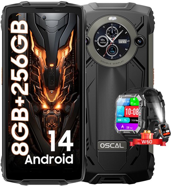Oscal PILOT 2 Robuuste Smartphone 24GB 256GB Zwart + Blackview W60 Smartwatch