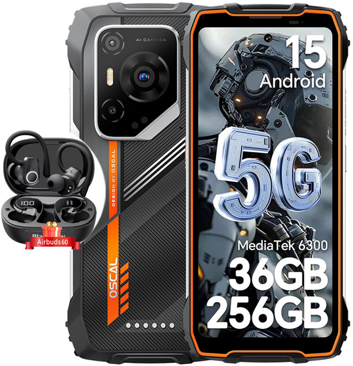 Oscal PILOT 3 AI Robuuste Smartphone 36GB 256GB Oranje + Blackview Airbuds 60