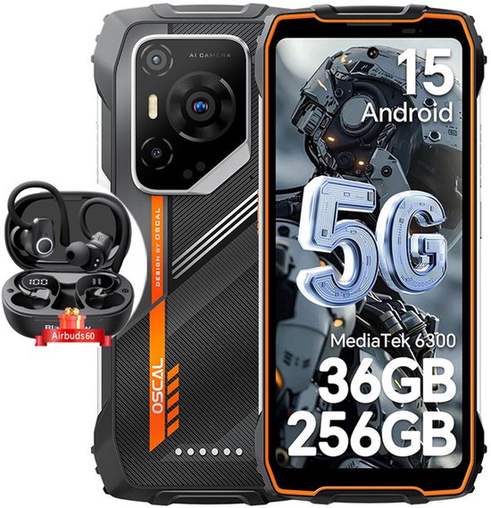 Oscal PILOT 3 AI Robuuste Smartphone 36GB 256GB Oranje + Blackview Airbuds 60