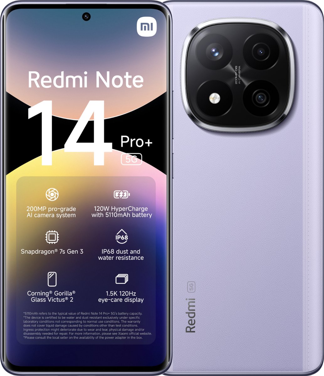 De Xiaomi Redmi Note 14 Pro+ 8GB 256GB Lavender Paars 5G in één oogopslag