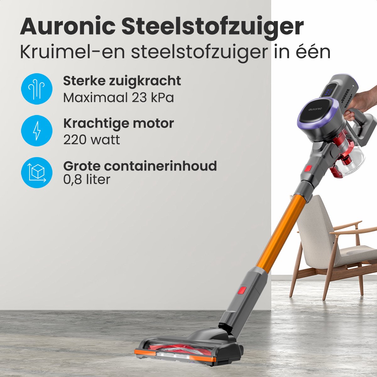 Wat vinden we goed aan de Auronic Steelstofzuiger Draadloos Grijs/Oranje