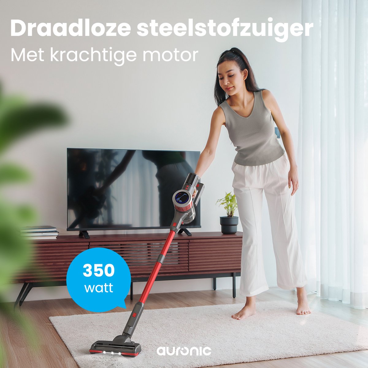 Wat vinden we goed aan de Auronic Steelstofzuiger Draadloos Zonder Zak 350W Grijs/Rood