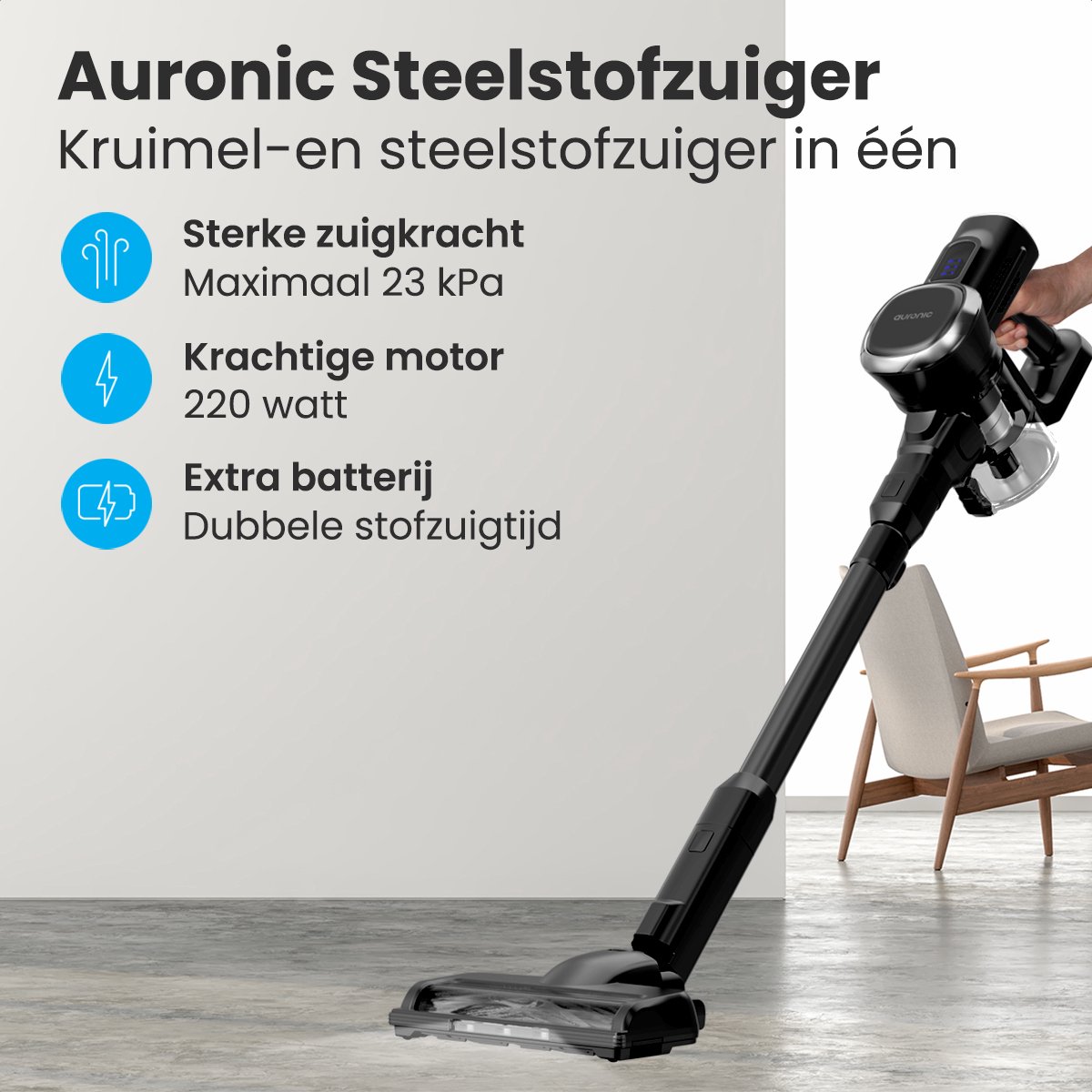 Wat vinden we goed aan de Auronic Steelstofzuiger Draadloos Zonder Zak Zwart