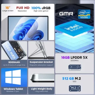 GMR - Windows 11 Tablet - 16inch - Touchscreen - Toetsenbord / Cover - Intel - 16GB RAM - 512GB SSD - Ideaal voor Thuis, Kantoor en Studie