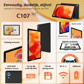 Hotlight C107 - Android 15 Tablet - 10.1 inch - 24(4+20)GB RAM/128GB ROM– 5000mAh - Zwart