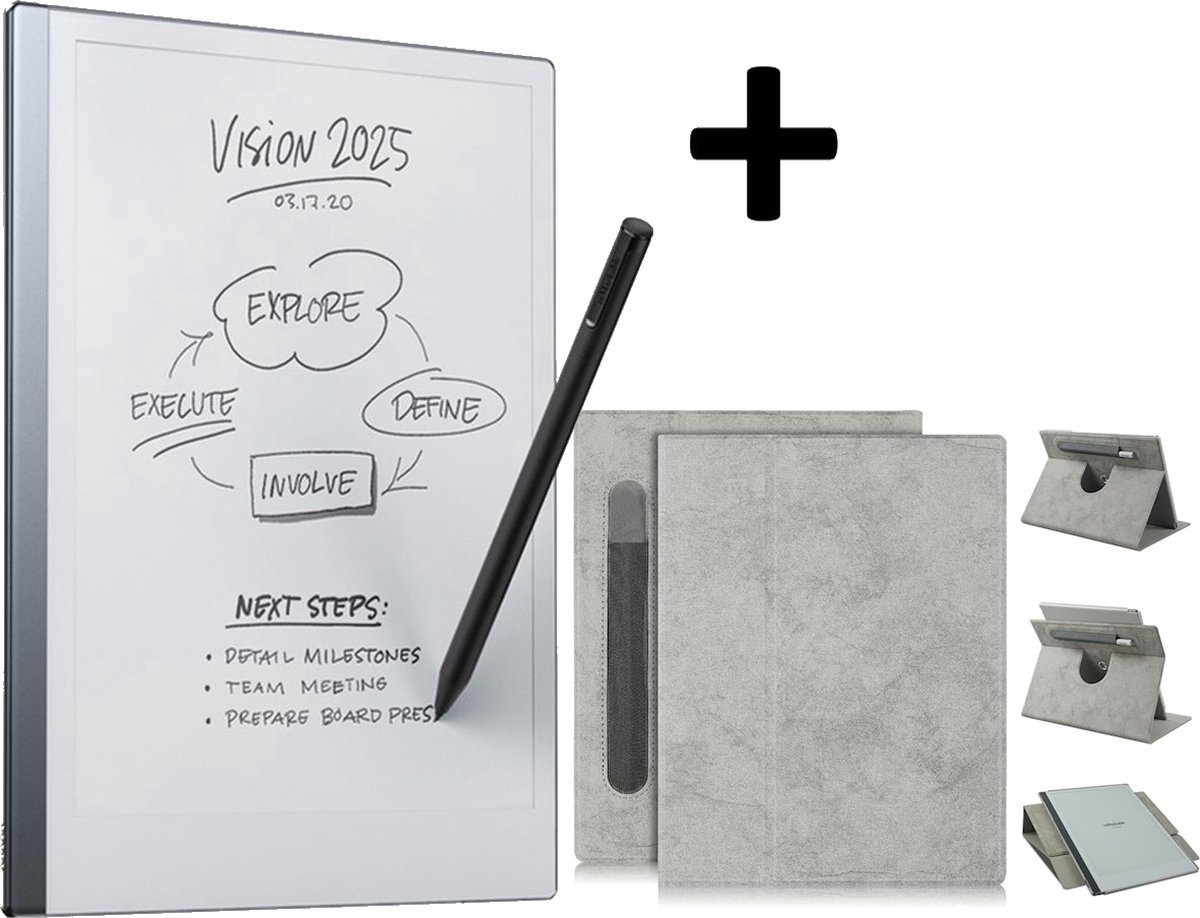 De reMarkable 2 tablet met Marker Plus en draaibare grijze hoes in één oogopslag