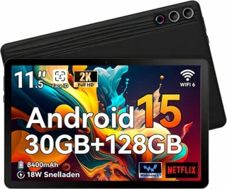Tablet 11.5 inch 2K, Android 15, 30GB RAM, 128GB ROM, zwart