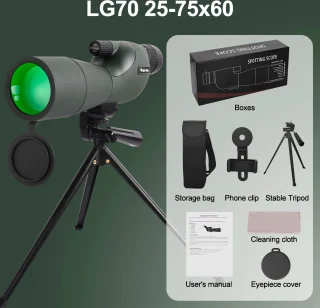 Telescoop - Spotting Scope - Monokijker - 25-75x60 Telescoop - Monoculaire Fmc Bak4 Waterdicht - Met Smartphone Digiscoping Adapter - Met Statief en Tas - Groen