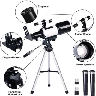 Astronomische telescoop, sterrenkijker, 70mm diafragma, 300mm brandpuntsafstand, zwart