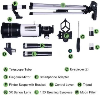 Astronomische telescoop, sterrenkijker, 70mm diafragma, 300mm brandpuntsafstand, zwart