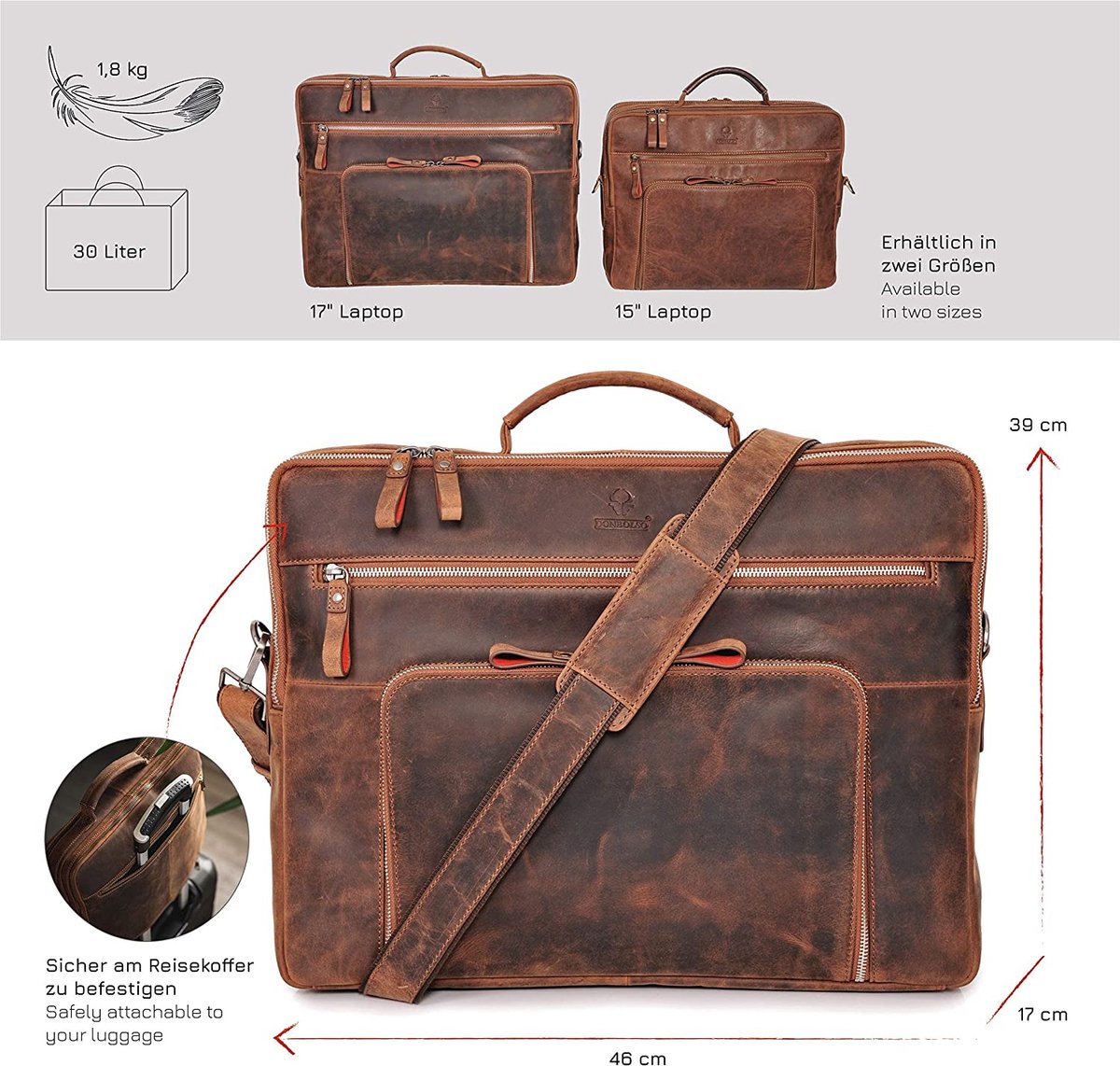 DONBOLSO San Francisco 17 Inch Leather Laptop Bag Vintage Black