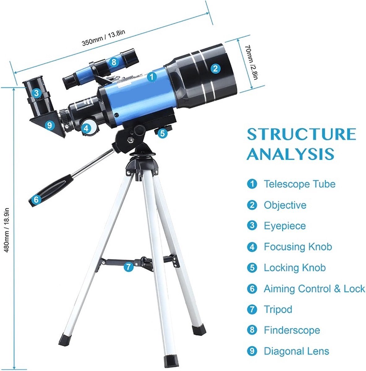 DrPhone SUPERNOVAX2 Junior HD Telescoop 300x70mm Cyaan