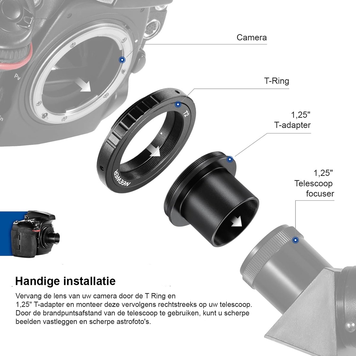 Neewer 1.25 inch Telescoop Camera Adapter en Verlengbuis voor Nikon DSLR