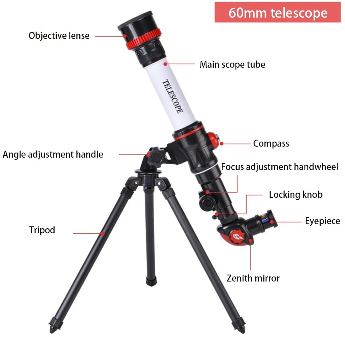 Sterrenkijker Telescoop 3 Oculairs met Statief Zilver-Rood-Zwart
